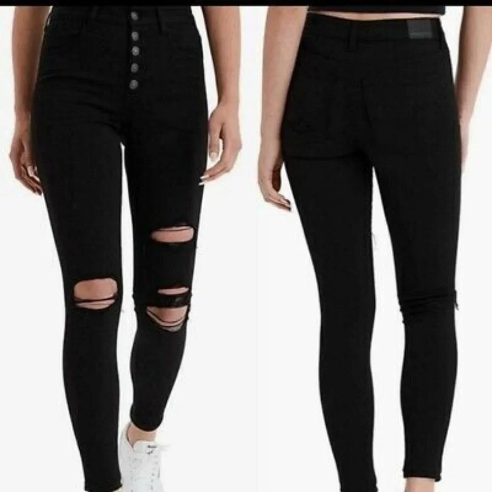American Eagle Outfitters Super Hi-Rise Jegging in Black Distressed Button Fly